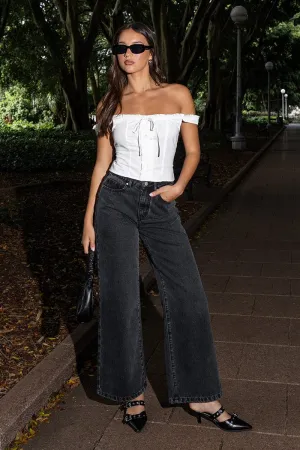 Grey Wide Leg Jeans Mid Rise