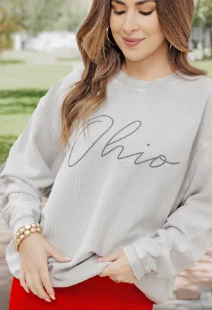 Ohio Grey Cursive Ribbed Graphic Crewneck