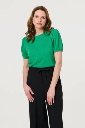 Textured Knit Short Puff Sleeve Top